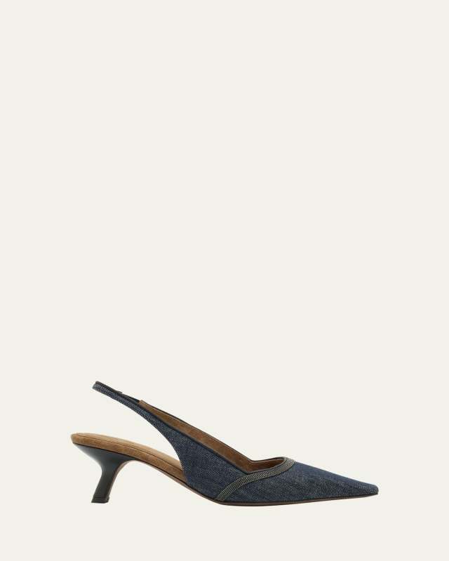 Denim Pointed-Toe Slingback Pumps with Monili Trim